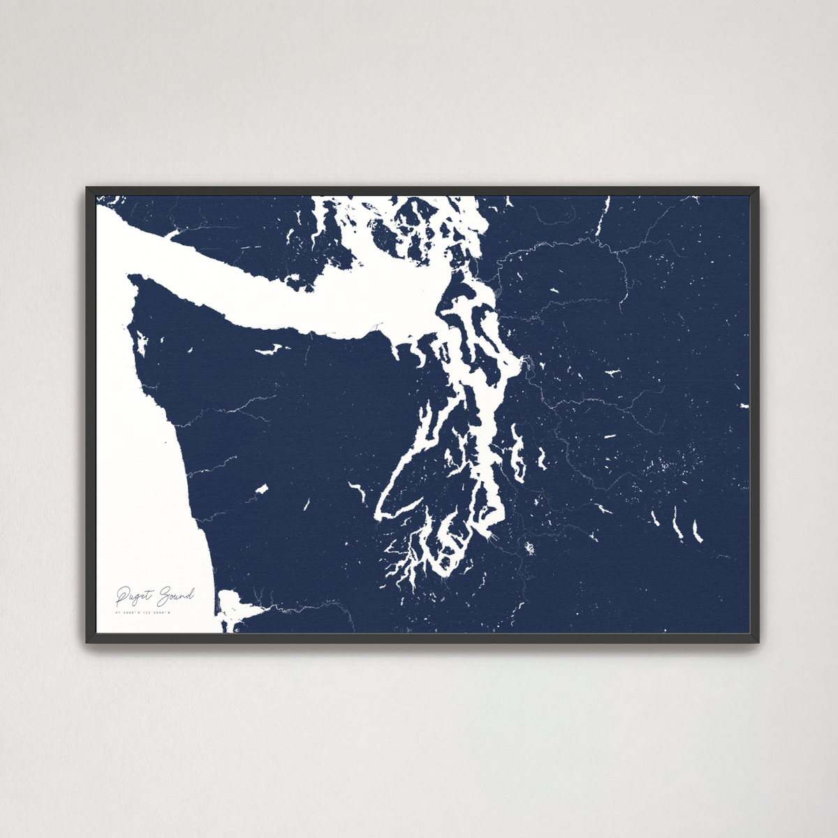 Puget Sound horizontal canvas map, Navy, Black Frame