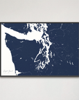 Puget Sound horizontal canvas map, Navy, Black Frame