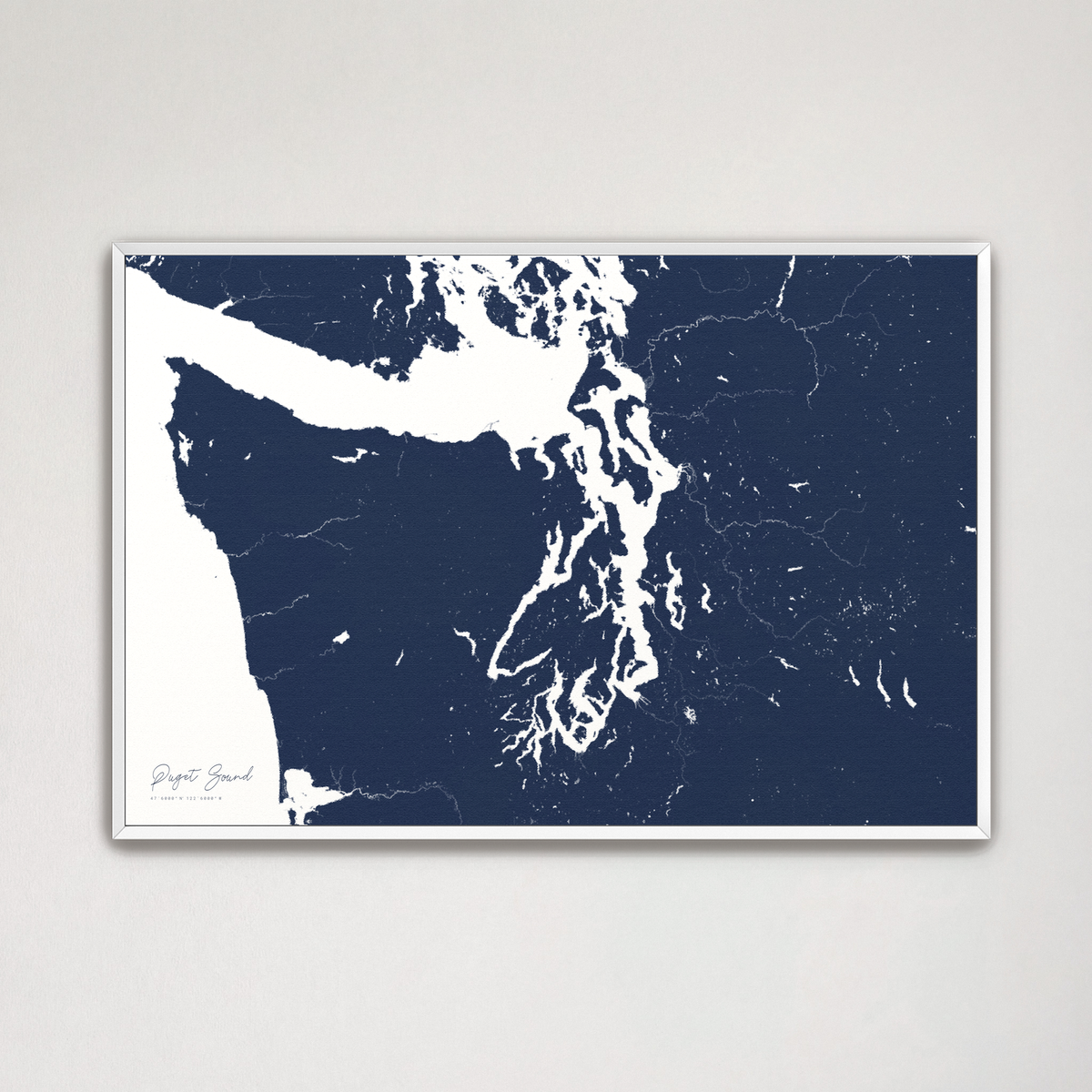 Puget Sound horizontal canvas map, Navy, White Frame
