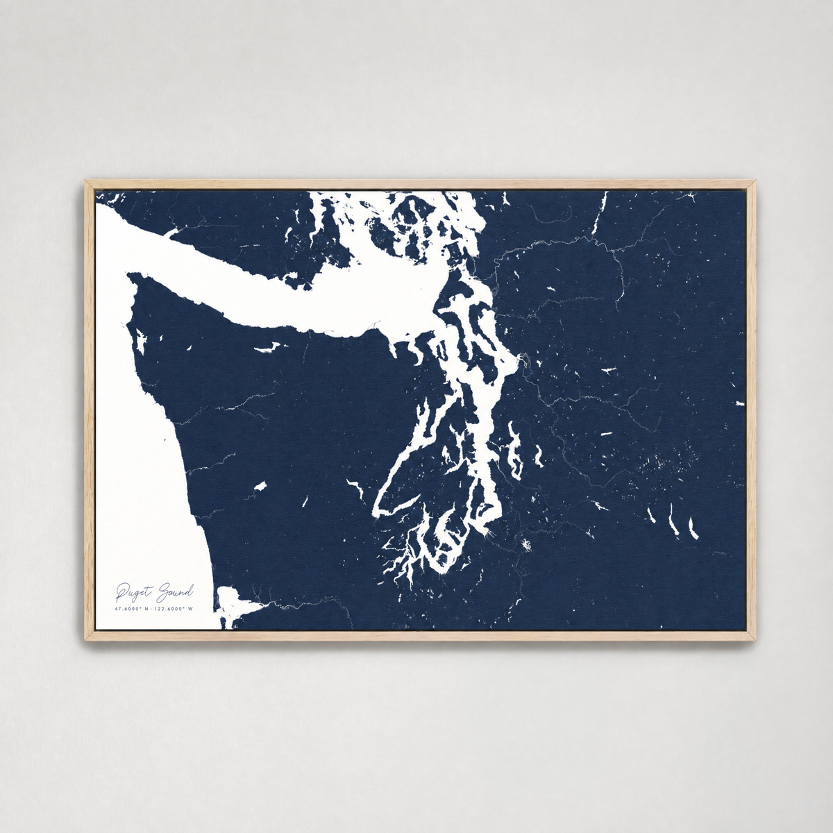 Puget Sound horizontal canvas map, Navy, Light Wood