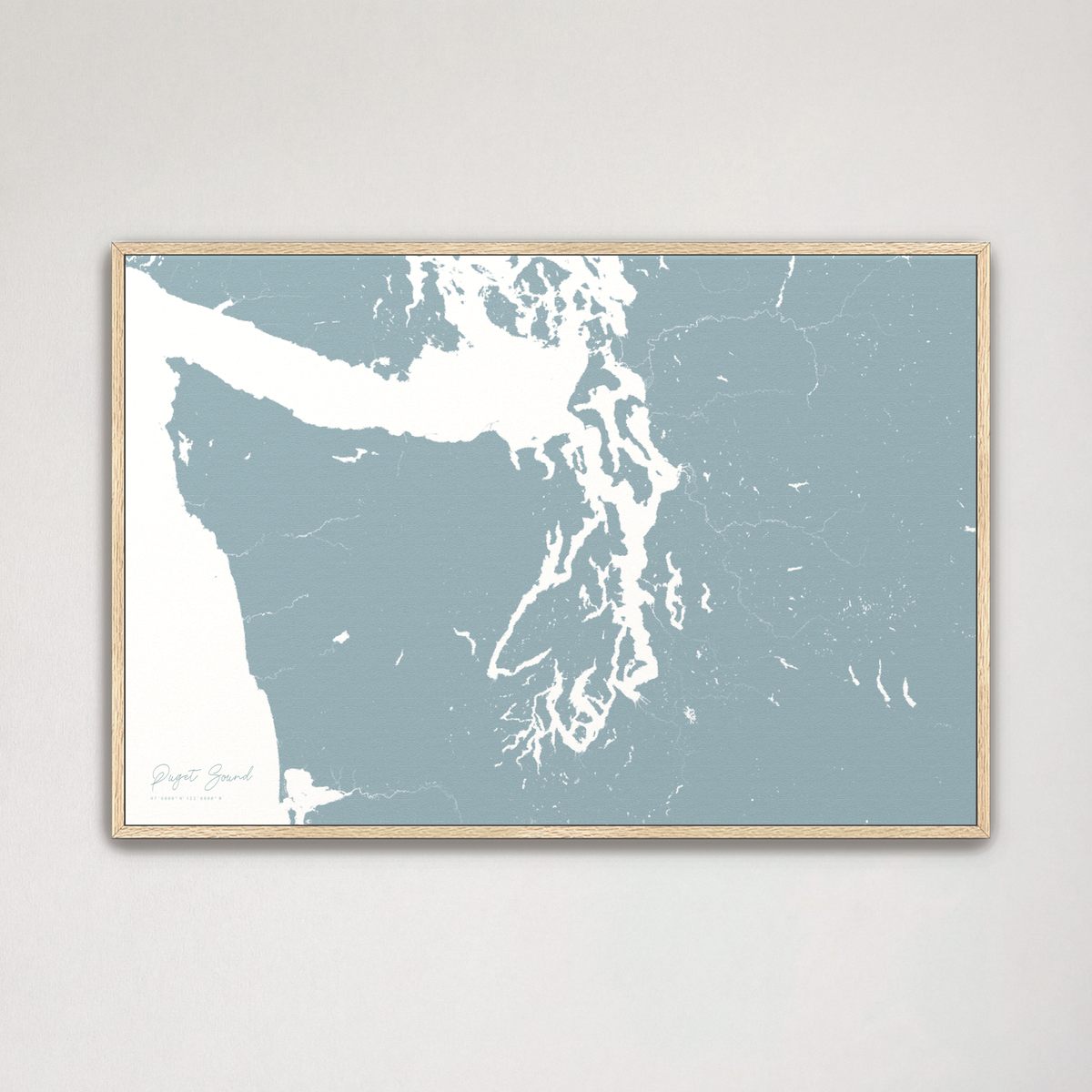 Puget Sound horizontal canvas map, Soft Blue, Natural Oak