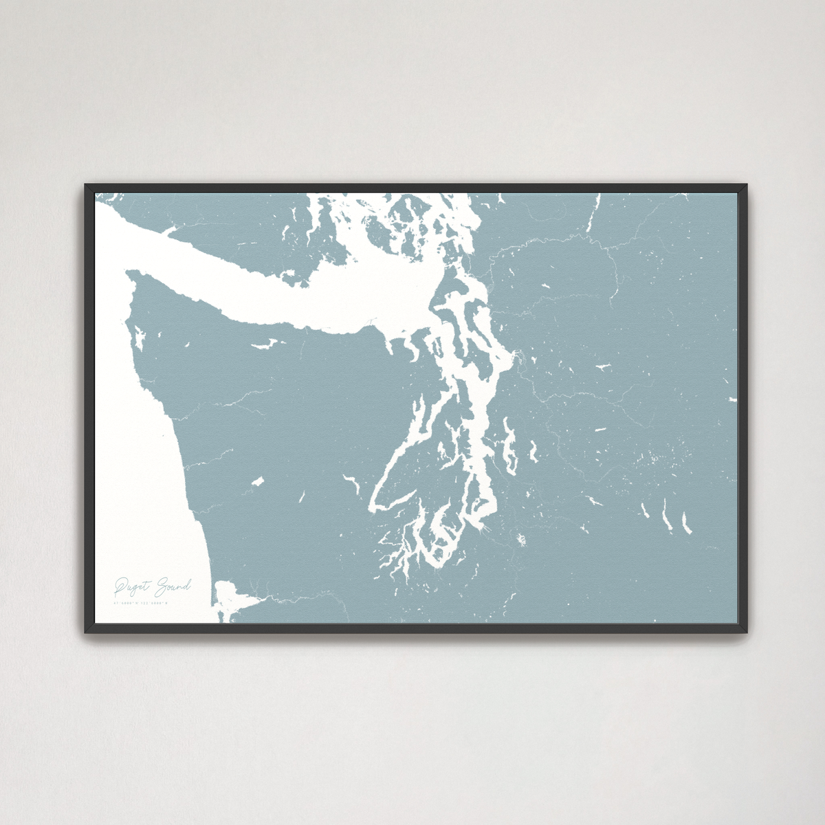 Puget Sound horizontal canvas map, Soft Blue, Black Frame
