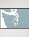 Puget Sound horizontal canvas map, Soft Blue, Black Frame