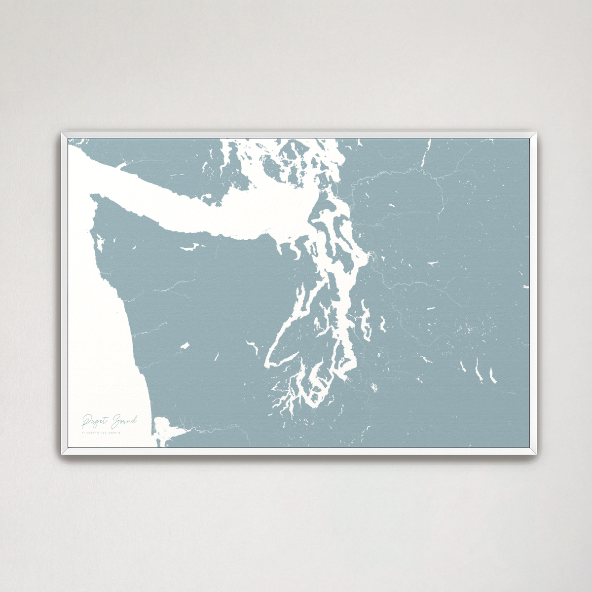 Puget Sound horizontal canvas map, Soft Blue, White Frame