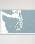 Puget Sound horizontal canvas map, Soft Blue, White Frame