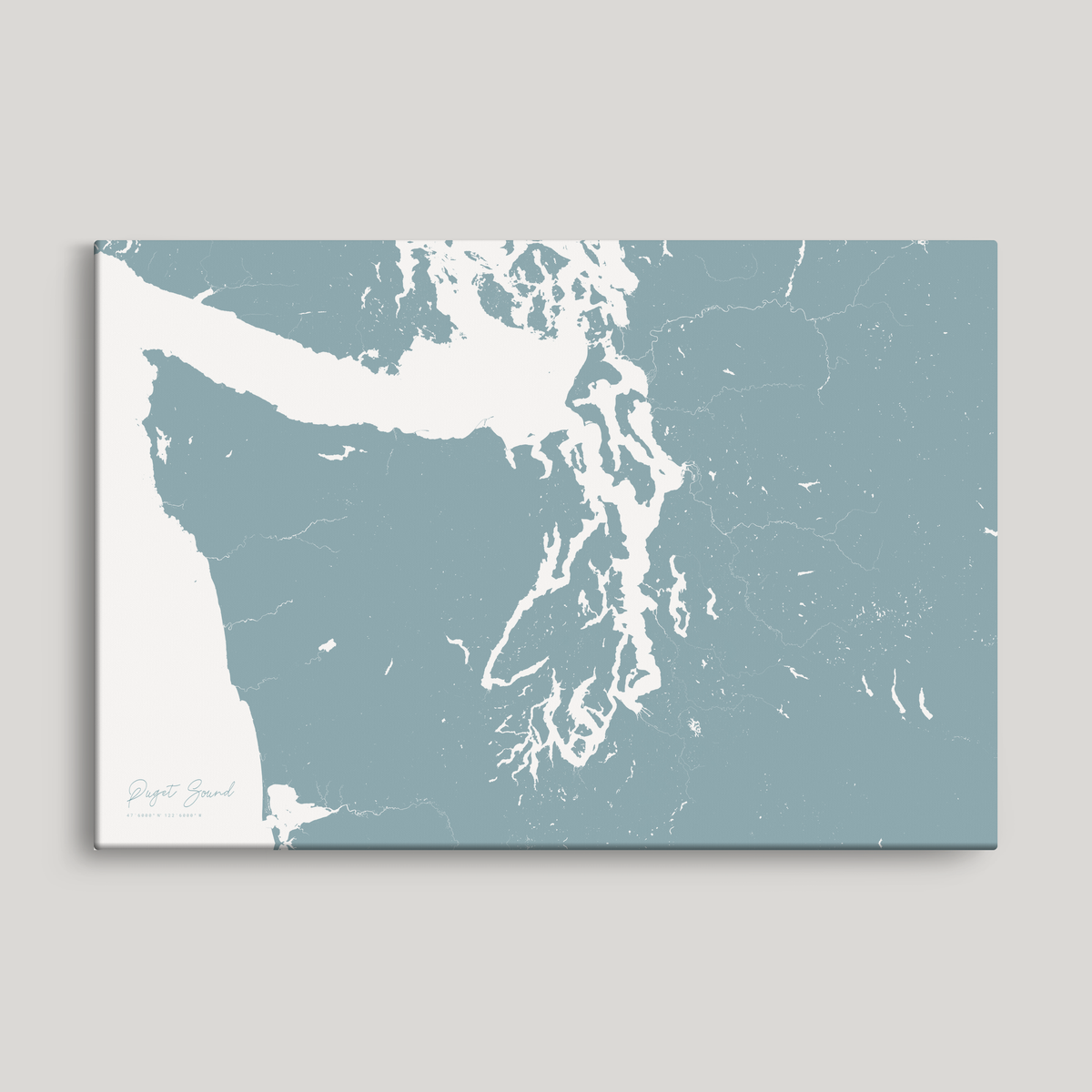 Puget Sound horizontal canvas map, Soft Blue, No Frame