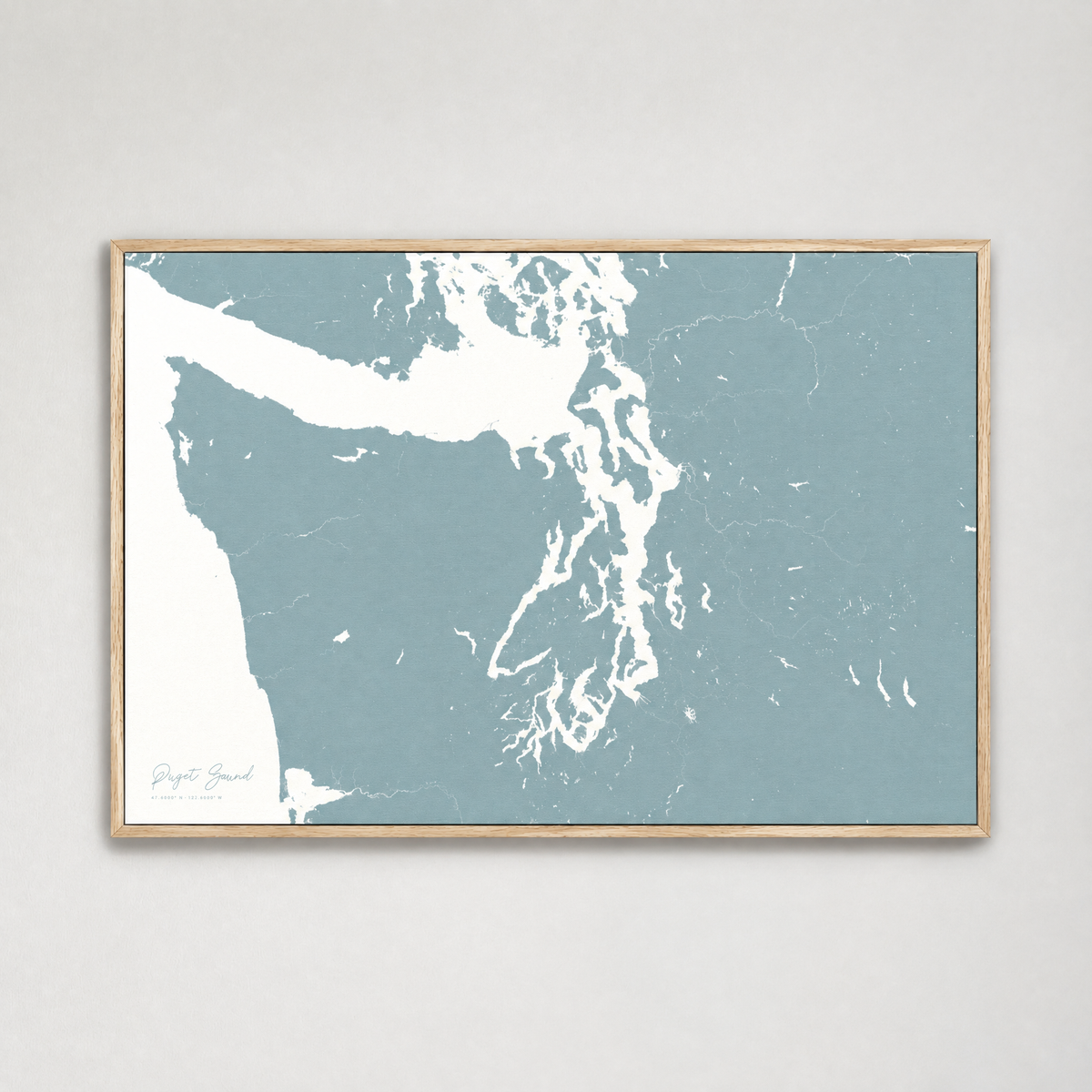 Puget Sound horizontal canvas map, Soft Blue, Light Wood