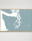 Puget Sound horizontal canvas map, Soft Blue, Light Wood
