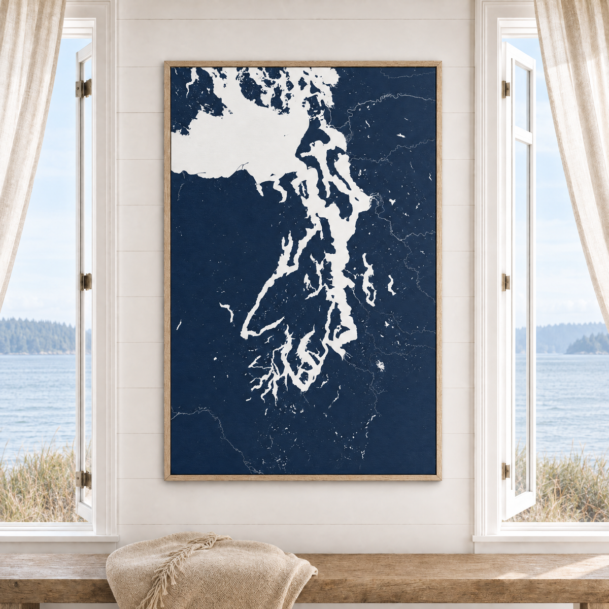 Puget Sound vertical canvas map in Navy, window interior