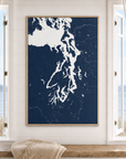 Puget Sound vertical canvas map in Navy, window interior
