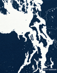 Puget Sound vertical canvas map in Navy, shoreline detail