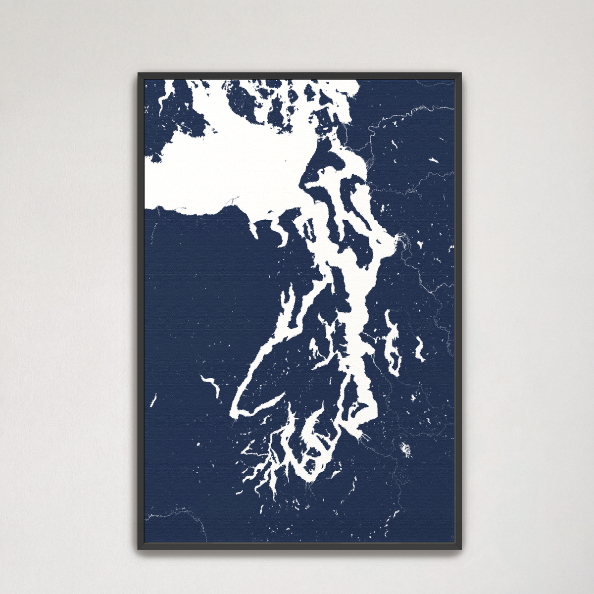 Puget Sound vertical canvas map, Navy, Black Frame