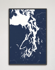 Puget Sound vertical canvas map, Navy, Black Frame
