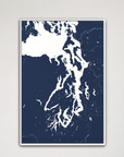 Puget Sound vertical canvas map, Navy, White Frame