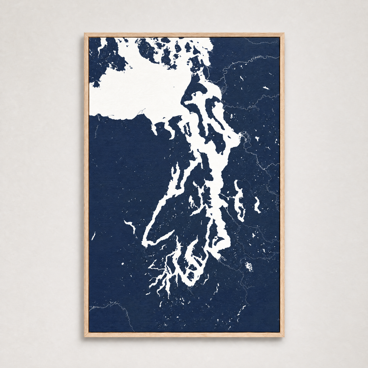 Puget Sound vertical canvas map, Navy, Light Wood