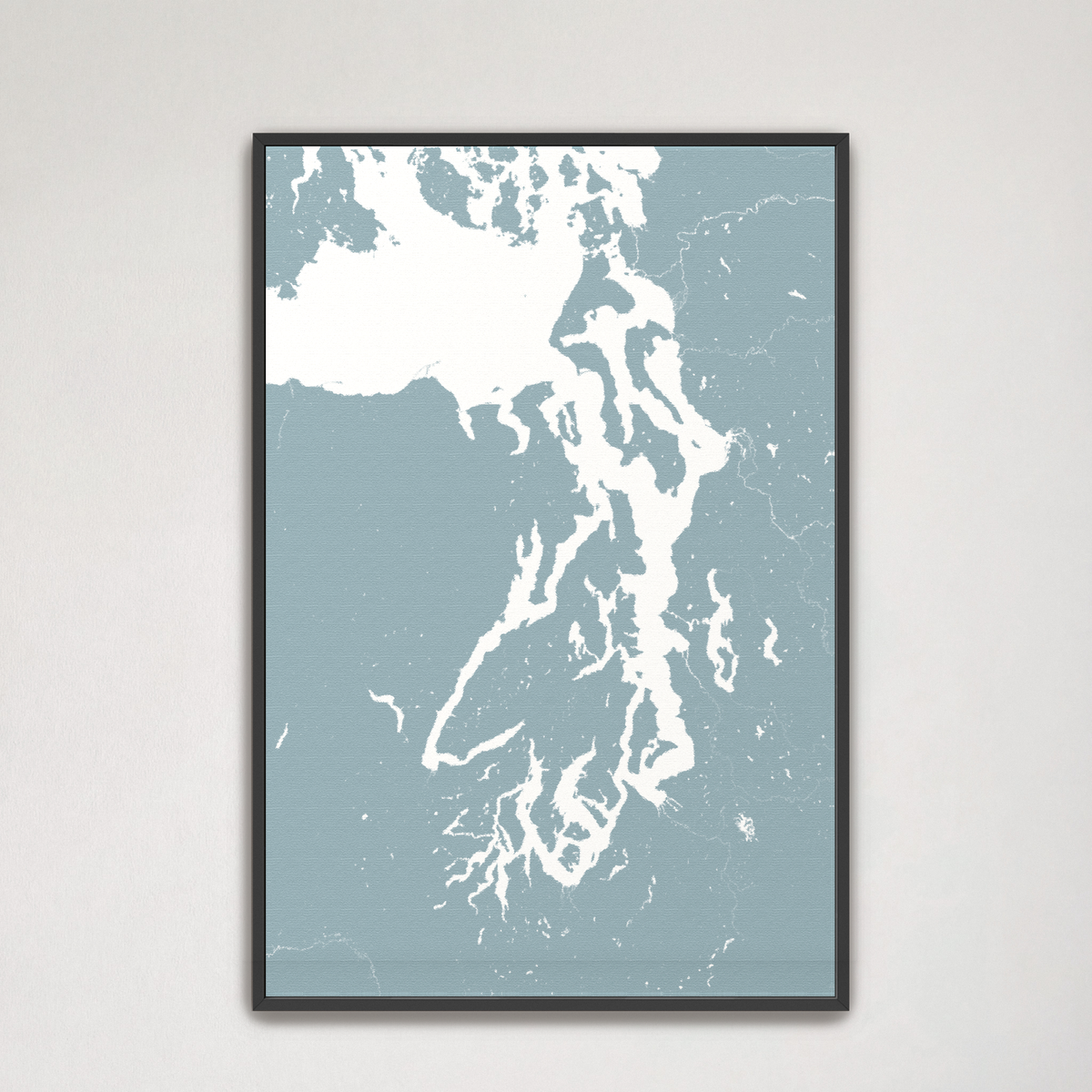 Puget Sound vertical canvas map, Soft Blue, Black Frame