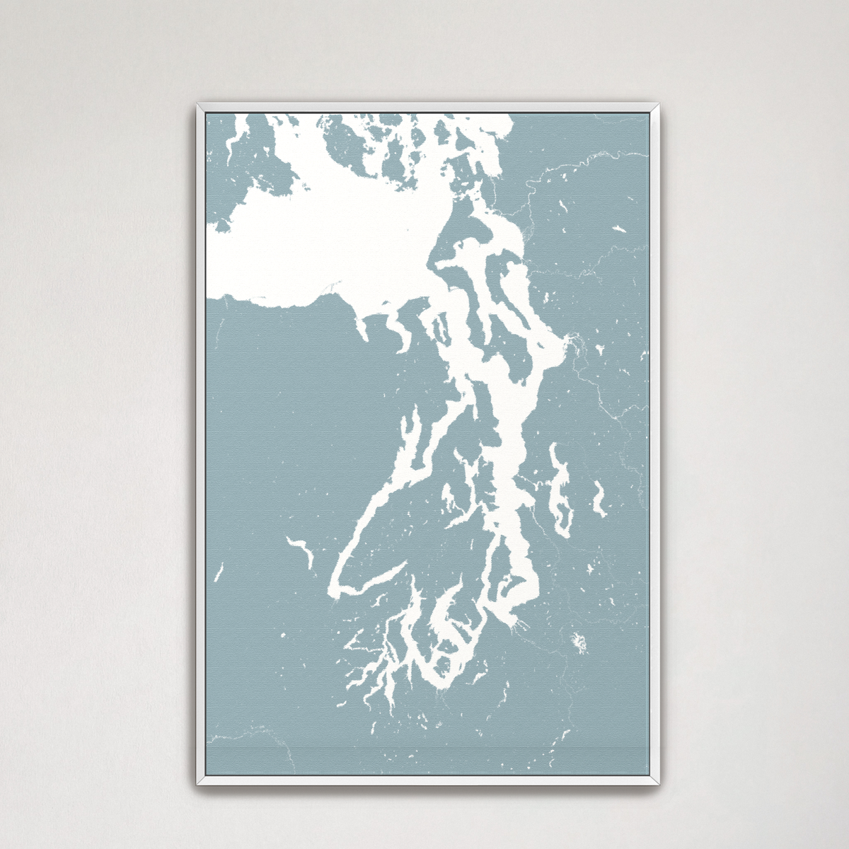 Puget Sound vertical canvas map, Soft Blue, White Frame