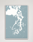 Puget Sound vertical canvas map, Soft Blue, White Frame