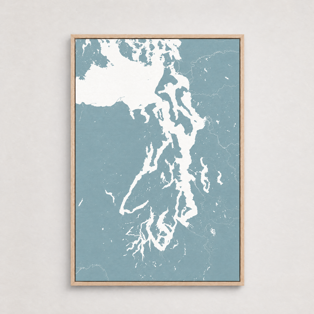 Puget Sound vertical canvas map, Soft Blue, Light Wood
