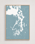 Puget Sound vertical canvas map, Soft Blue, Light Wood