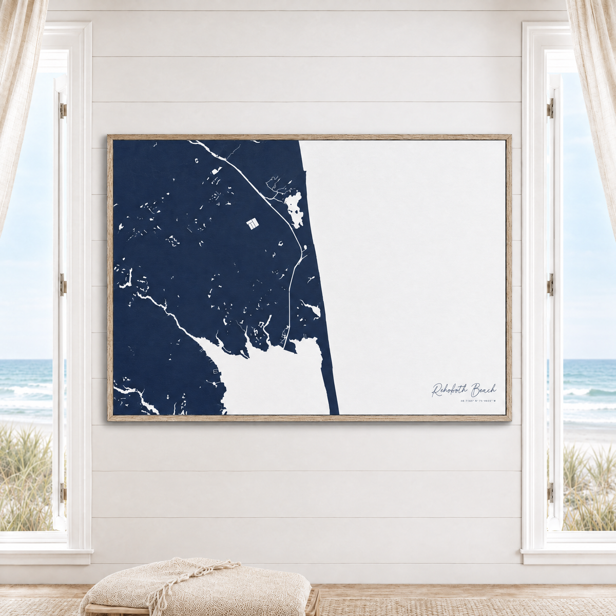 Rehoboth Beach horizontal canvas map in Navy, window interior