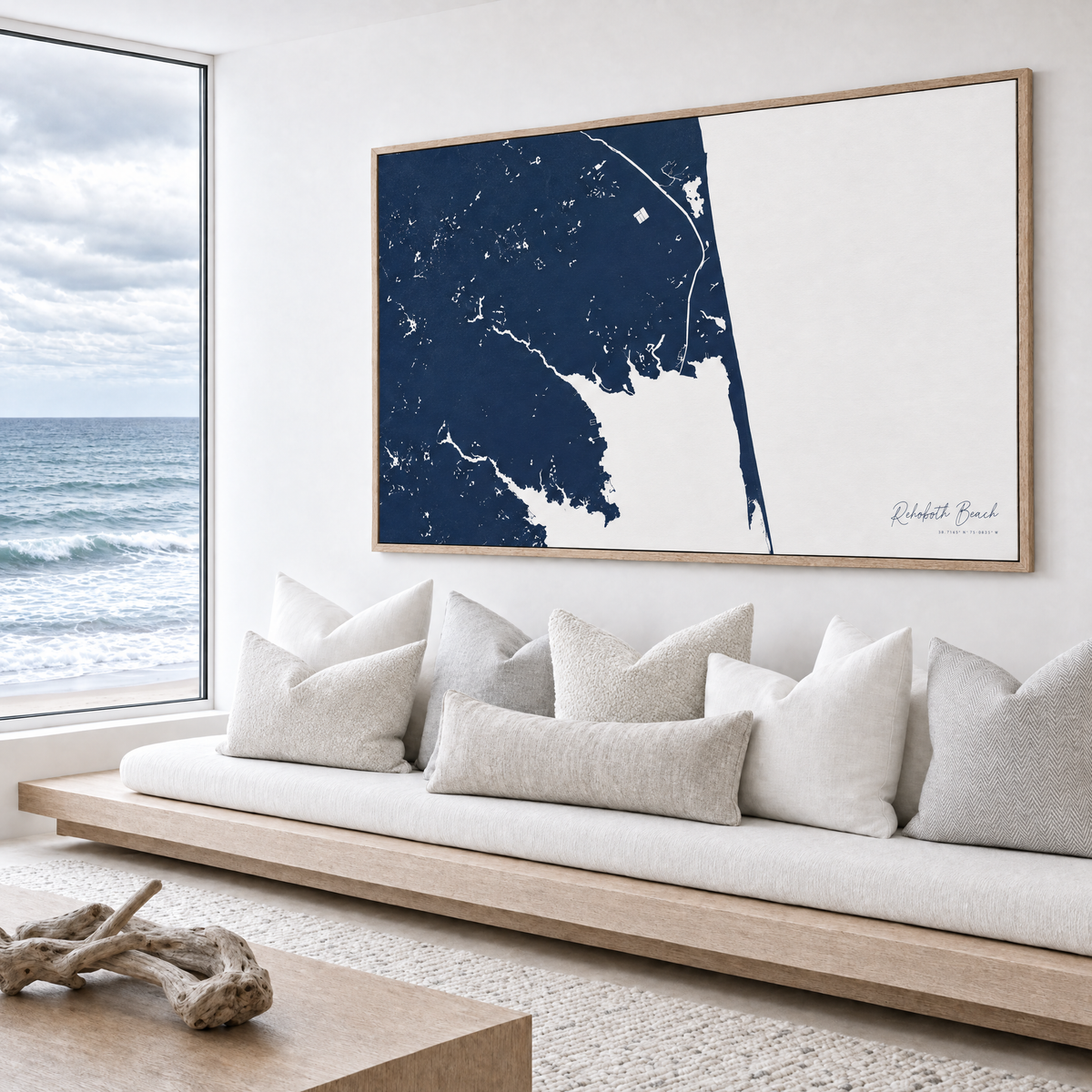 Rehoboth Beach horizontal canvas map in Navy, bench beside a water view