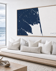 Rehoboth Beach horizontal canvas map in Navy, bench beside a water view