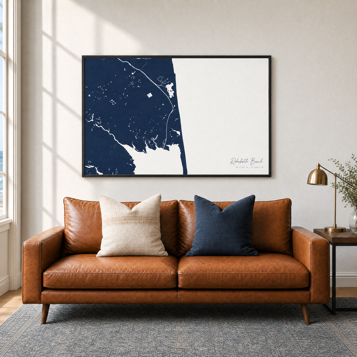Rehoboth Beach horizontal canvas map in Navy, black-framed canvas above a sofa