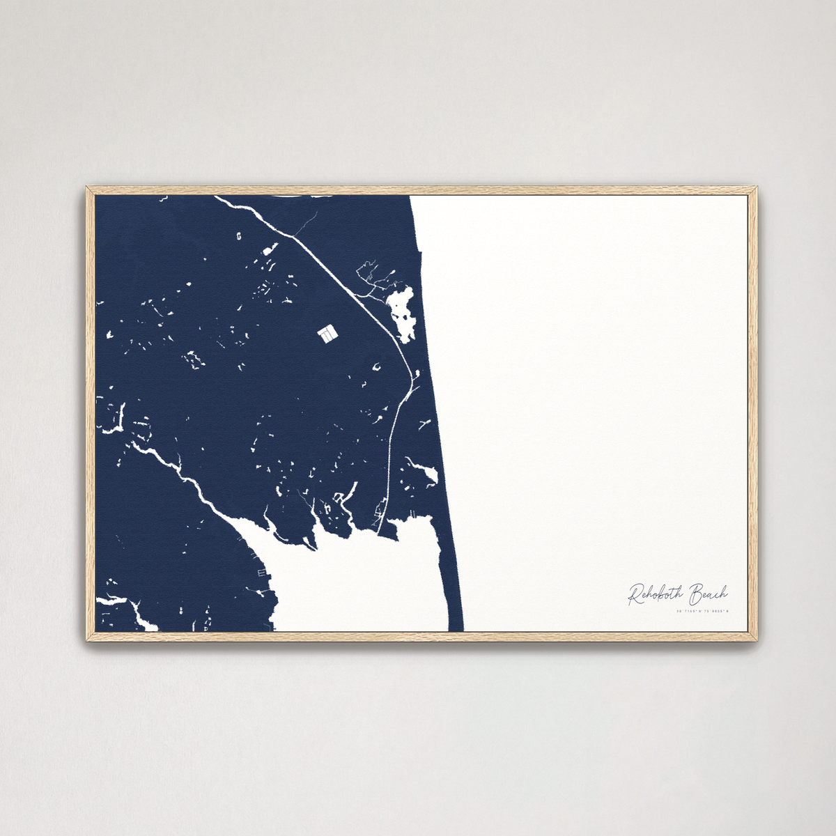 Rehoboth Beach horizontal canvas map, Navy, Natural Oak