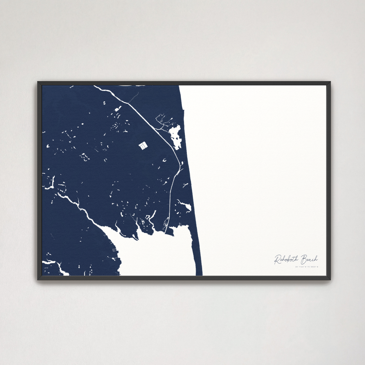 Rehoboth Beach horizontal canvas map, Navy, Black Frame