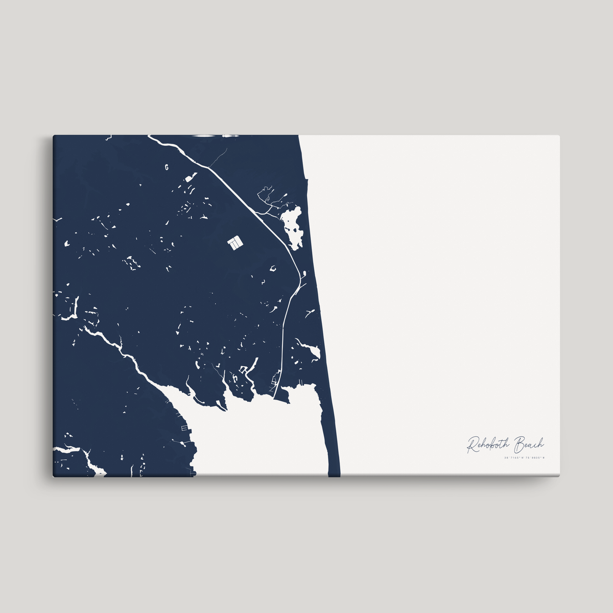 Rehoboth Beach horizontal canvas map, Navy, No Frame