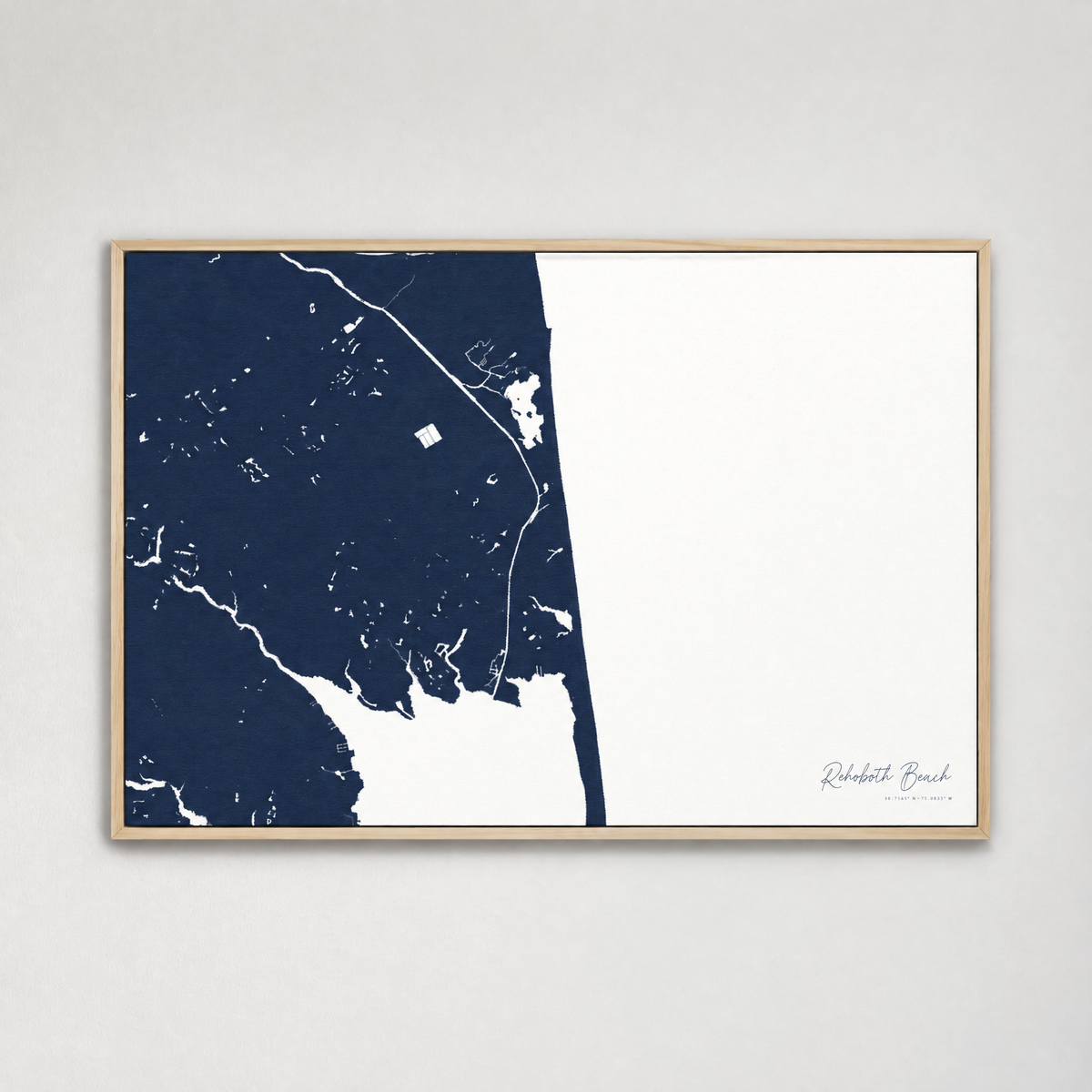 Rehoboth Beach horizontal canvas map, Navy, Light Wood
