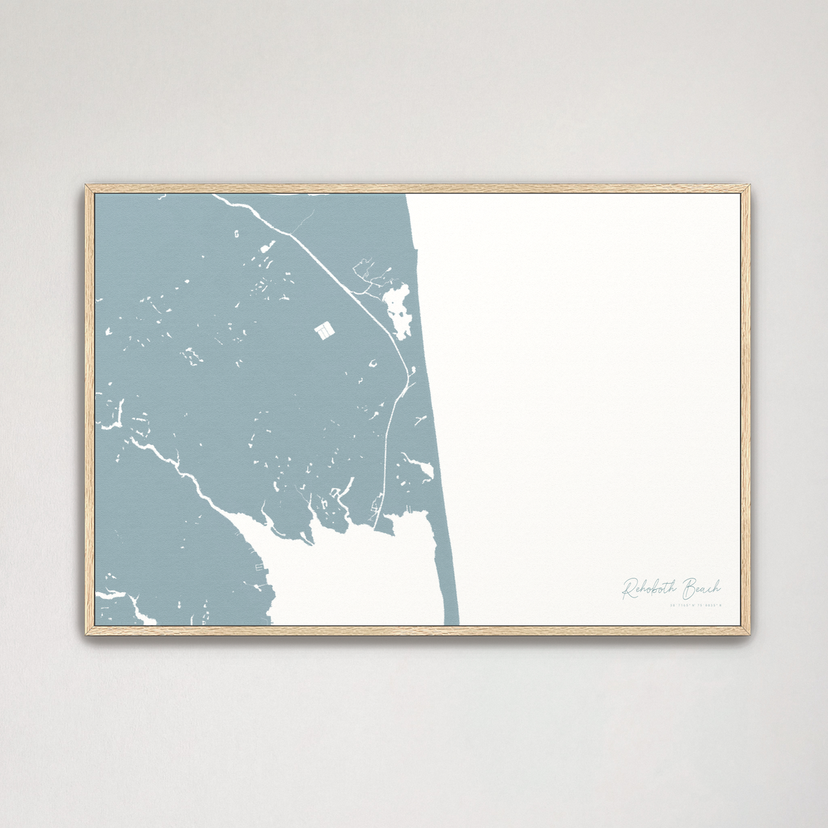 Rehoboth Beach horizontal canvas map, Soft Blue, Natural Oak