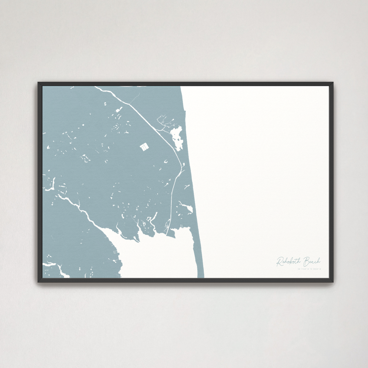 Rehoboth Beach horizontal canvas map, Soft Blue, Black Frame
