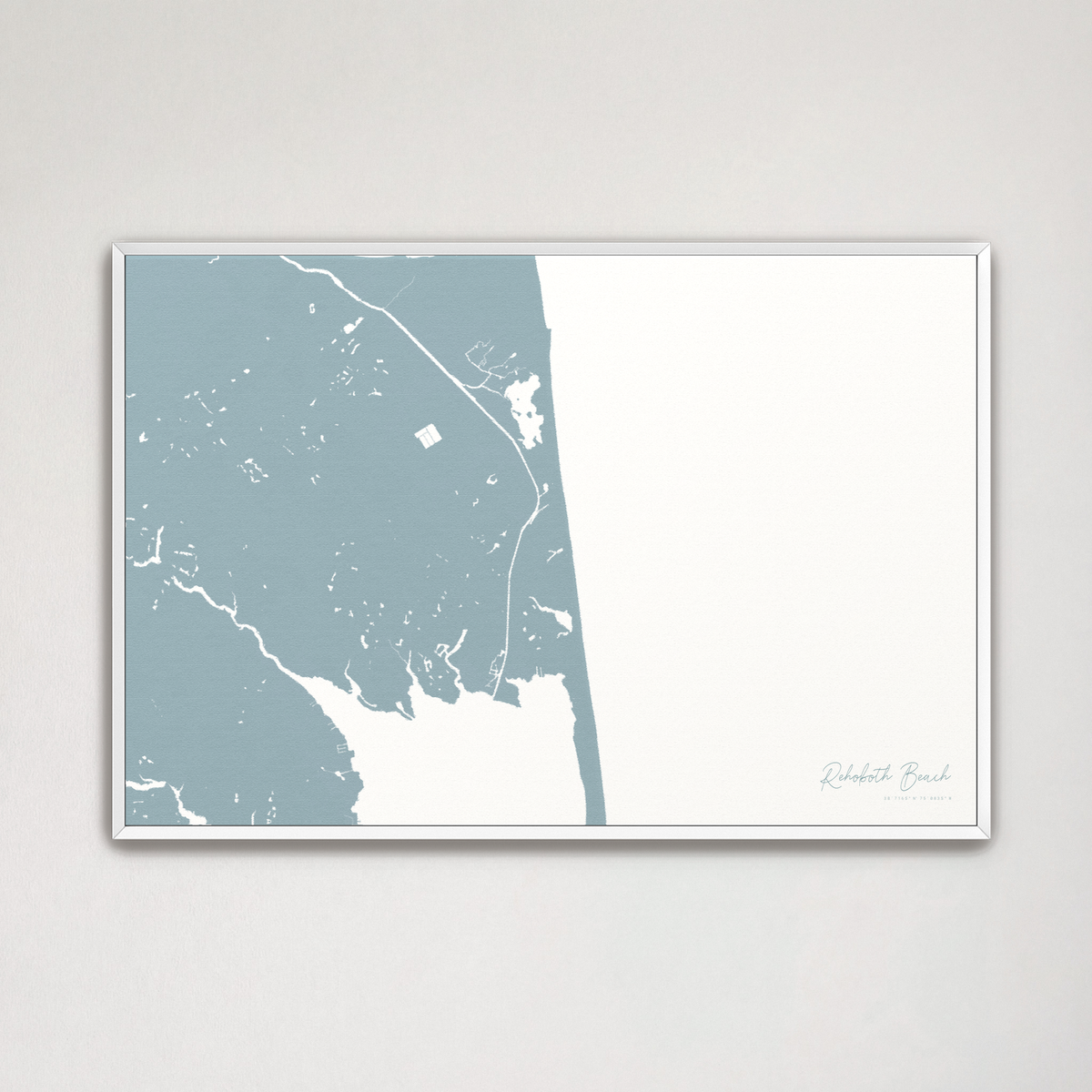 Rehoboth Beach horizontal canvas map, Soft Blue, White Frame