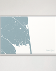 Rehoboth Beach horizontal canvas map, Soft Blue, White Frame