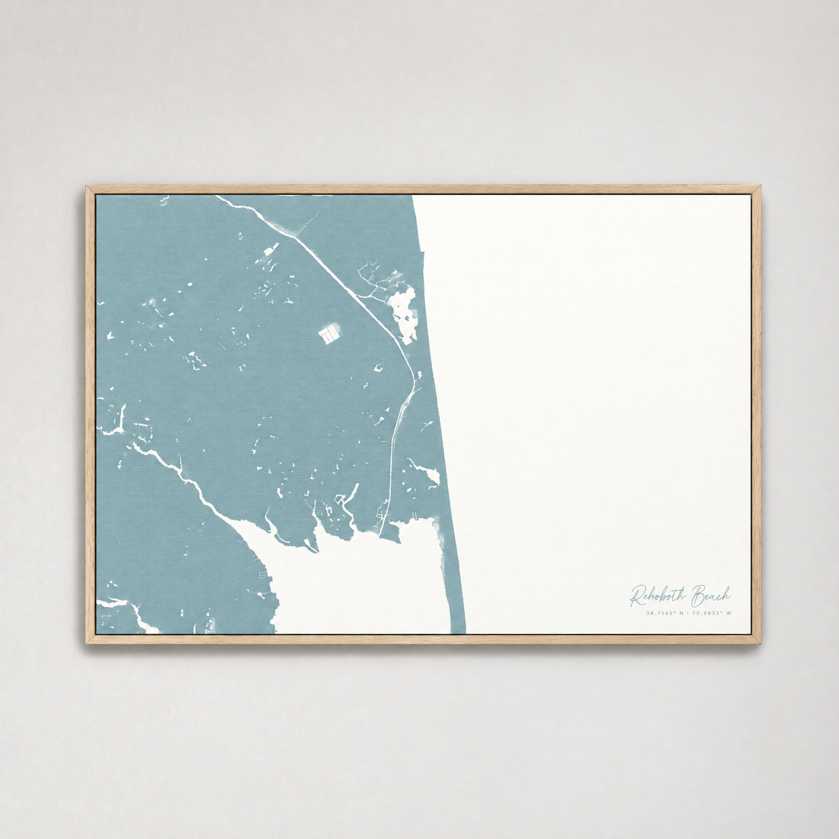 Rehoboth Beach horizontal canvas map, Soft Blue, Light Wood