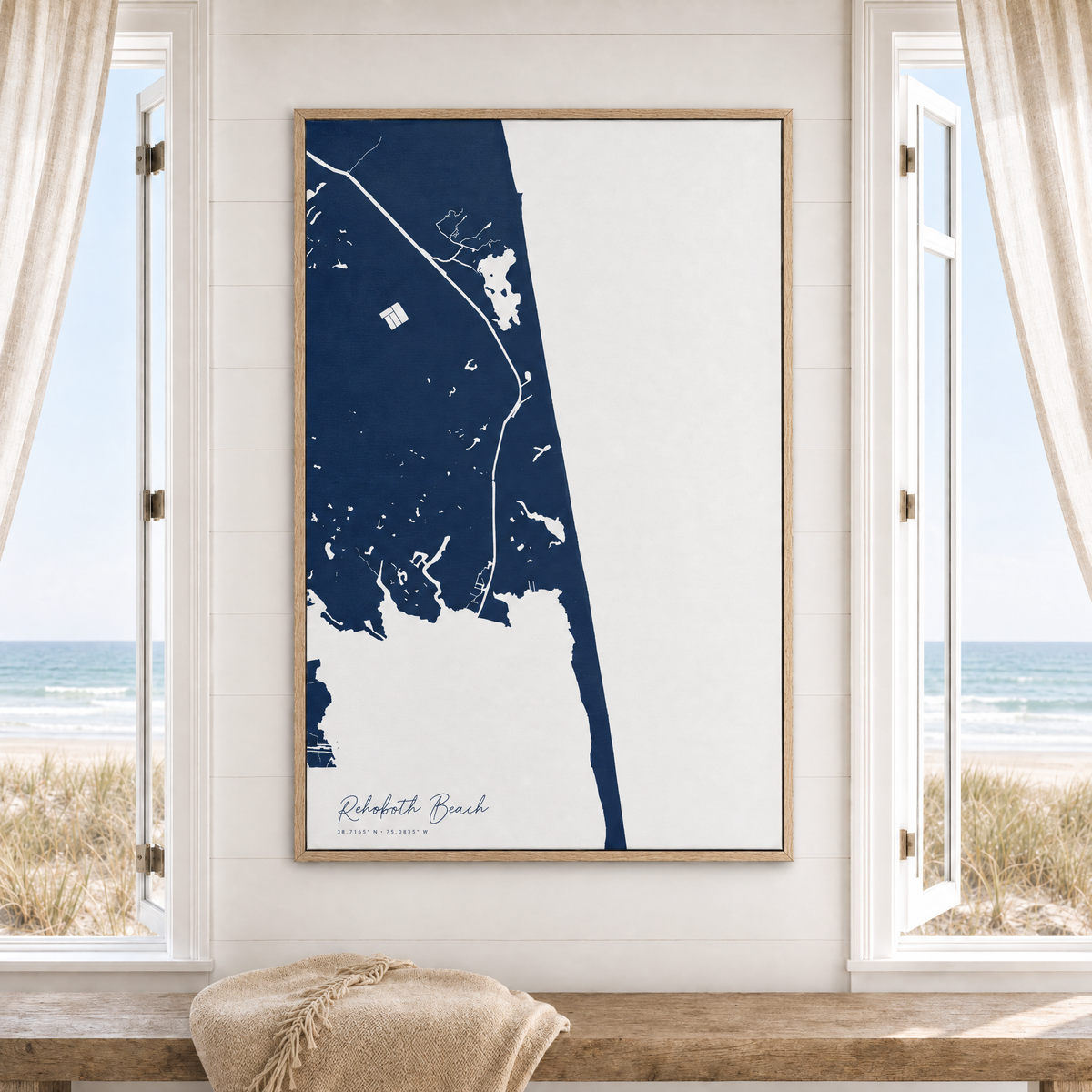 Rehoboth Beach vertical canvas map in Navy, window interior