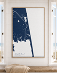 Rehoboth Beach vertical canvas map in Navy, window interior