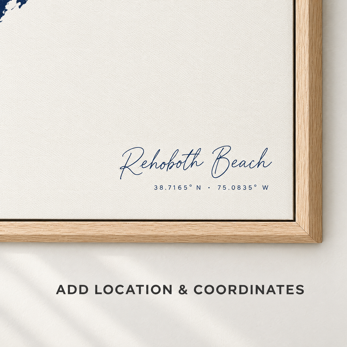Rehoboth Beach vertical canvas map in Navy, location and coordinates detail