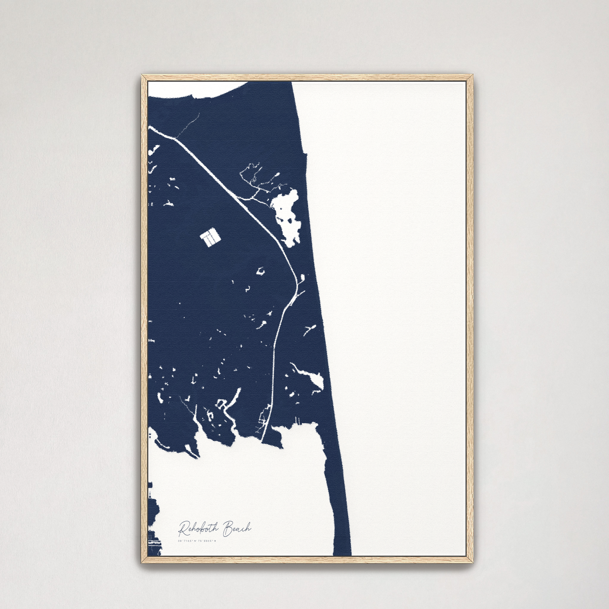 Rehoboth Beach vertical canvas map, Navy, Natural Oak