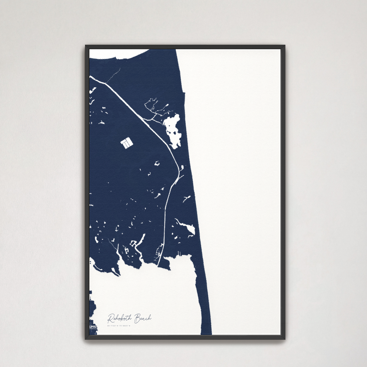 Rehoboth Beach vertical canvas map, Navy, Black Frame