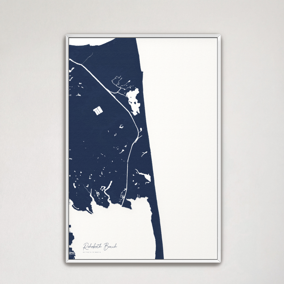 Rehoboth Beach vertical canvas map, Navy, White Frame