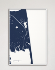 Rehoboth Beach vertical canvas map, Navy, White Frame