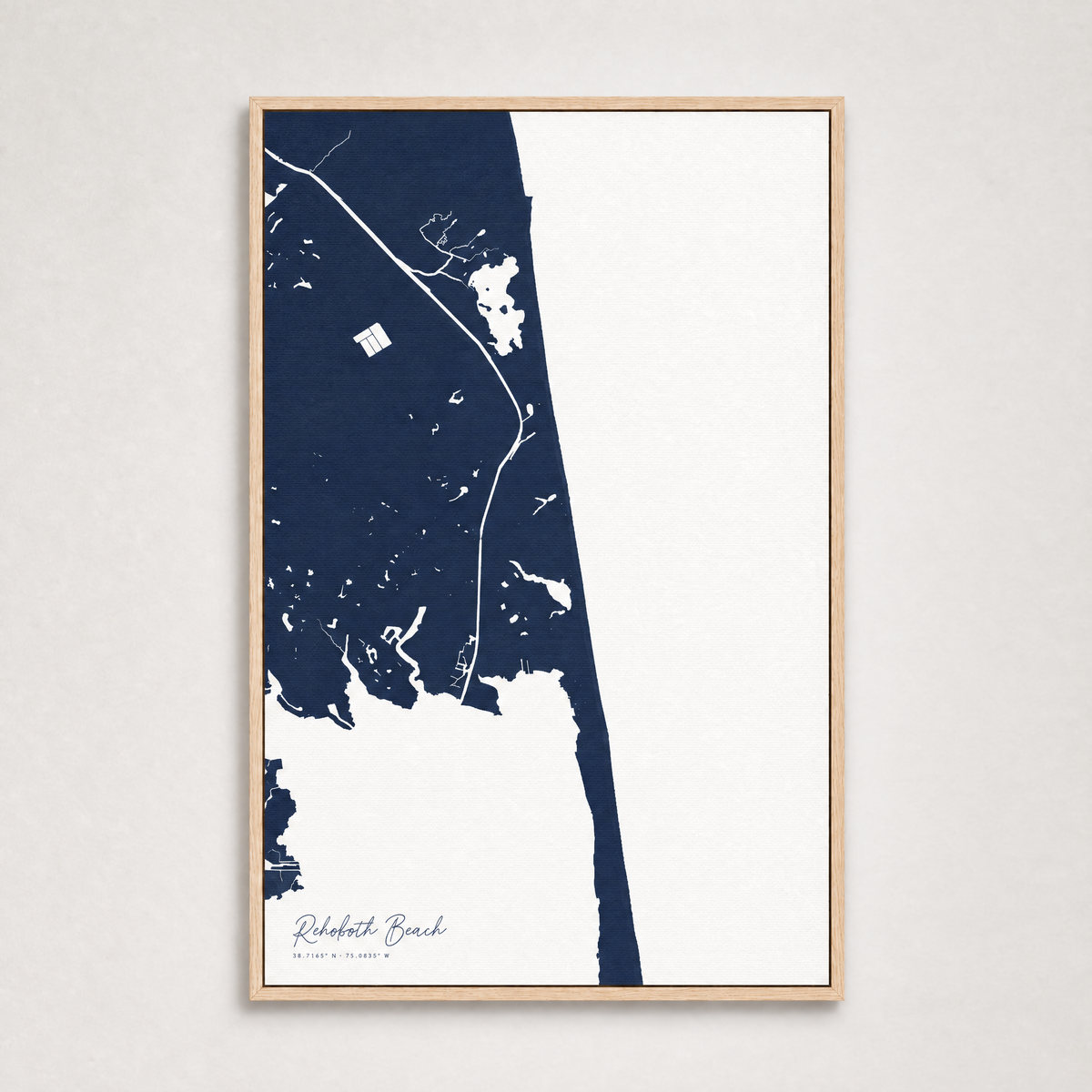 Rehoboth Beach vertical canvas map, Navy, Light Wood