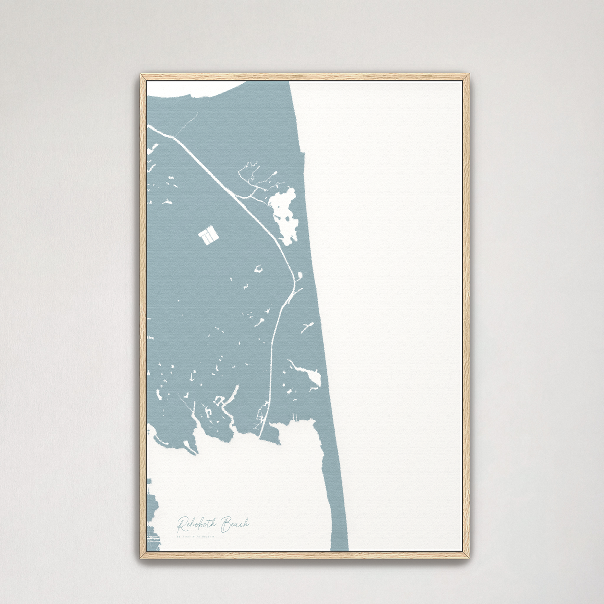 Rehoboth Beach vertical canvas map, Soft Blue, Natural Oak