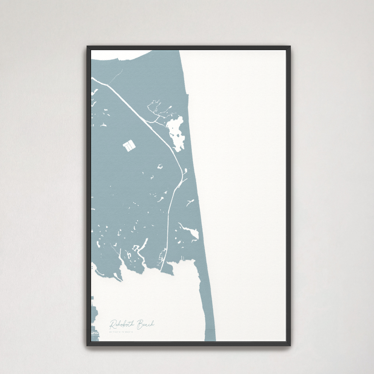 Rehoboth Beach vertical canvas map, Soft Blue, Black Frame