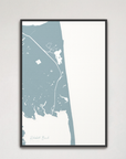 Rehoboth Beach vertical canvas map, Soft Blue, Black Frame