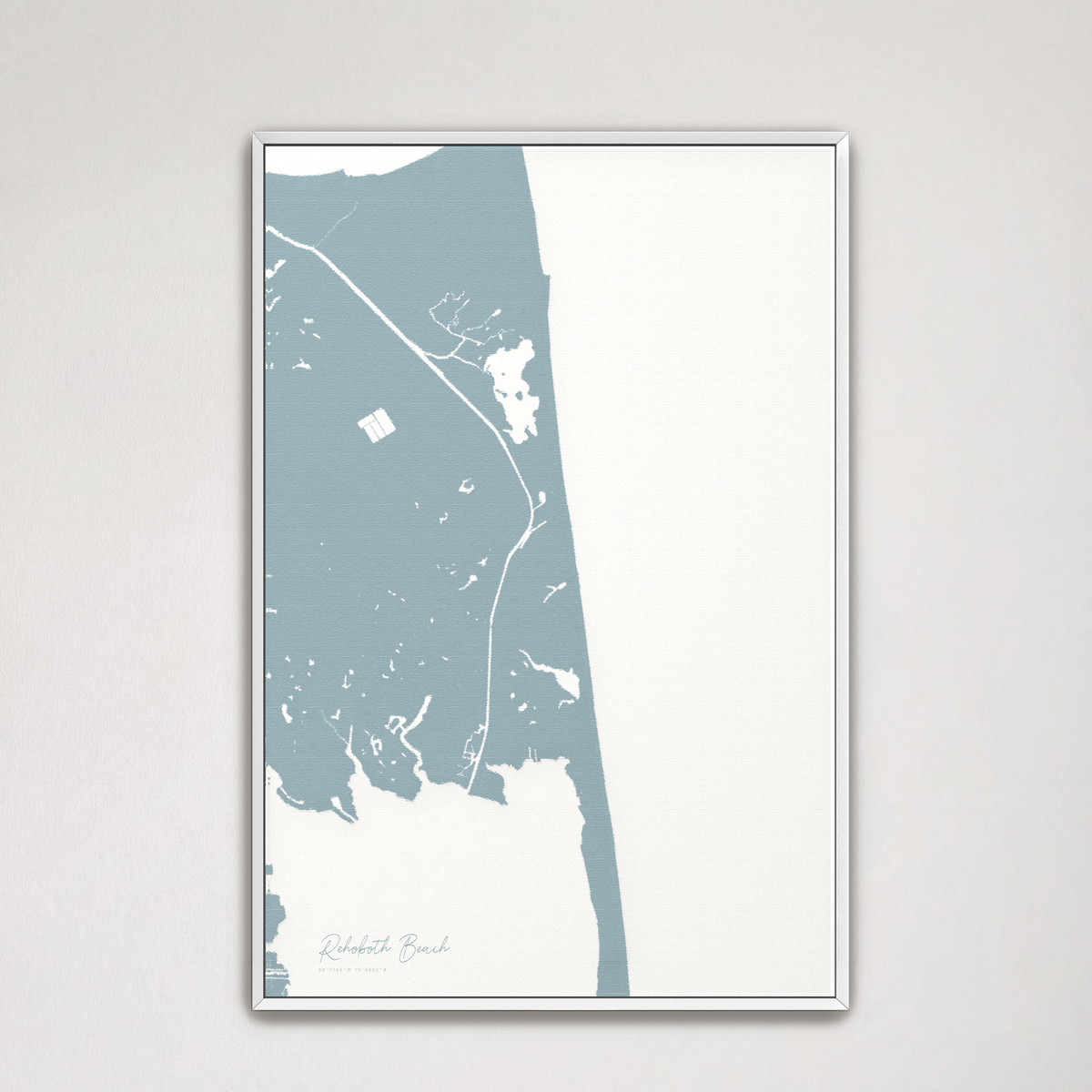 Rehoboth Beach vertical canvas map, Soft Blue, White Frame