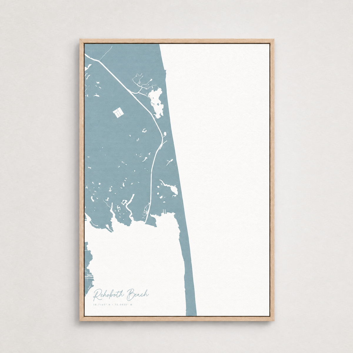 Rehoboth Beach vertical canvas map, Soft Blue, Light Wood